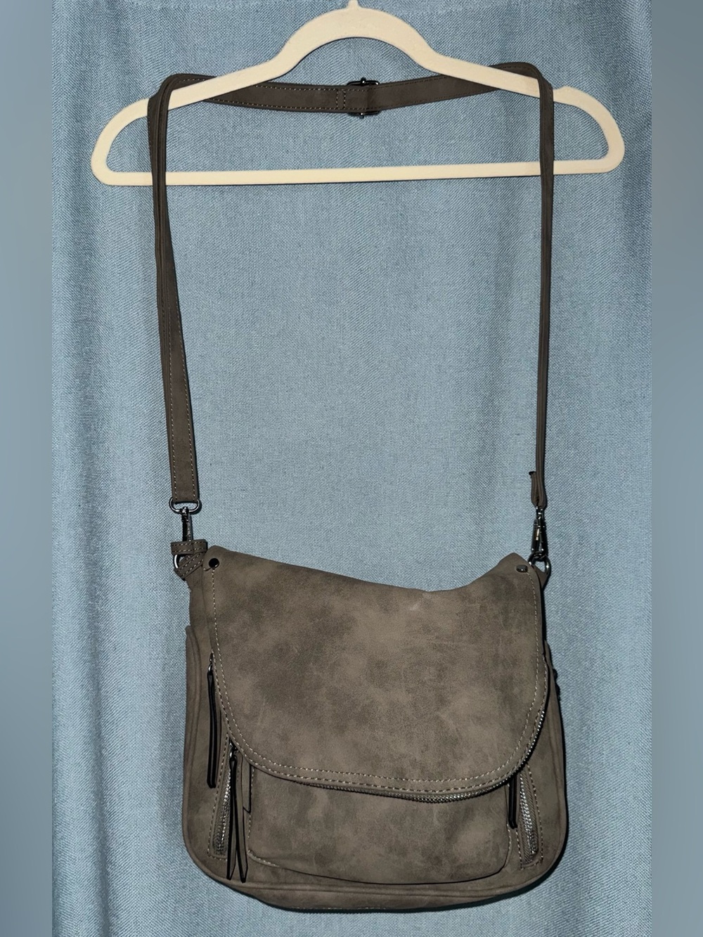 Maurices faux-suede flap crossbody bag.
